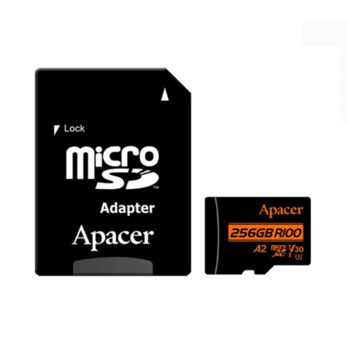 کارت حافظه میکرو اس دی 256 گیگابایت اپیسر مدل Apacer MicroSD XC CL10 U3 UHS l V30 A2 W/1 100/80 به همراه آداپتور با گارانتی 60 ماهه شرکتی