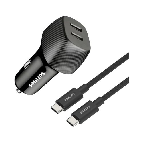 شارژر فندکی 60 وات فیلیپس مدل Philips DLP5522CC با 2 خروجی USB-C به همراه کابل USB-C با گارانتی 24 ماهه شرکتی