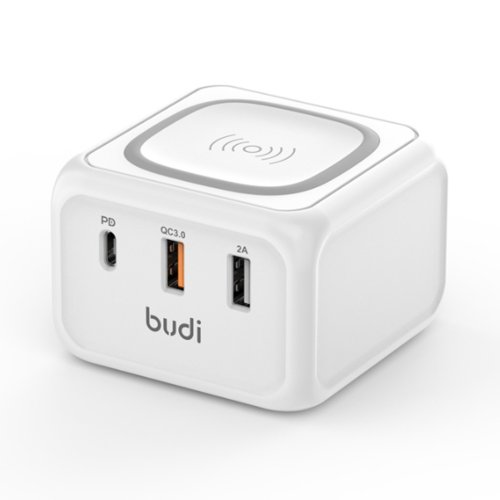شارژر دیواری 36 وات بودی مدل Budi M8J317W با دو خروجی USB، یک خروجی USB-C و یک خروجی شارژ بی سیم با گارانتی 18 ماهه شرکتی (6 ماه تعویض)