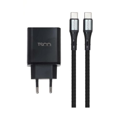 شارژر دیواری 67 وات تسکو مدل TSCO TTC 114 با 1 خروجی USB-C و 1 خروجی USB به همراه کابل USB-C به USB-C با گارانتی 12 ماهه شرکتی