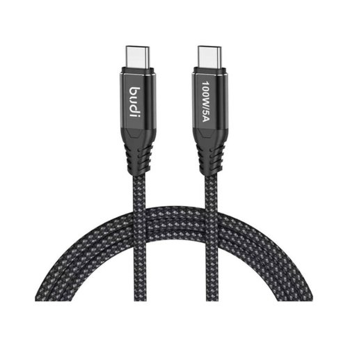 کابل شارژ کنفی ‌USB-C به ‌USB-C بودی مدل Budi DC220TT15B توان 100 وات طول 1.5 متر با گارانتی ۱۸ ماهه شرکتی (۶ ماه تعویض)