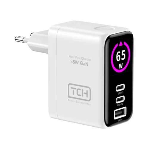 شارژر دیواری 65 وات تی سی اچ مدل TCH CA65M دو پین با 2 خروجی USB-C و 1 خروجی USB با گارانتی 18 ماهه شرکتی