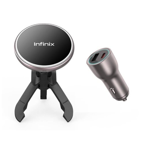پایه نگهدارنده موبایل و شارژر بی سیم اینفینیکس مدل Infinix Wireless Charger XMC02 Car به همراه شارژر فندکی با گارانتی 18 ماهه شرکتی