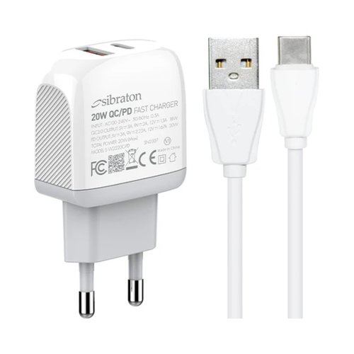 شارژر دیواری 20 وات سیبراتون مدل Sibraton S-W2220C PD با 1 خروجی USB-C و 1 خروجی USB به همراه کابل USB-C با گارانتی 18 ماهه شرکتی
