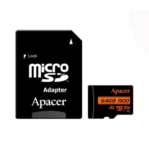 کارت حافظه میکرو اس دی 64 گیگابایت اپیسر مدل Apacer MicroSD XC CL10 U3 UHS l V30 A2 W/1 100/80 به همراه آداپتور با گارانتی 60 ماهه شرکتی